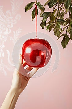 Against a background of pink wallpaper, a woman hand hangs a toy in the form of a red apple on a home tree. The concept