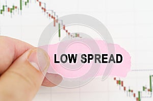 Against the background of the quote chart, a man holds a sign with the inscription - Low spread