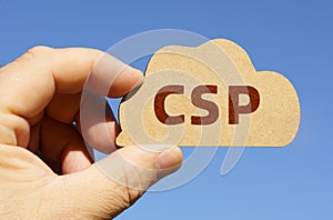 Against the background of the sky in the hands of a man, a figure of a cloud with the inscription - CSP