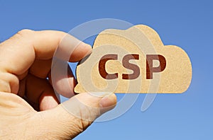 Against the background of the sky in the hands of a man, a figure of a cloud with the inscription - CSP photo