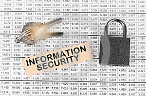 Against the background of a table with reports, a lock, keys and a sign with the inscription - Information security