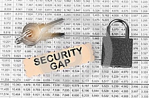 Against the background of a table with reports, a lock, keys and a sign with the inscription - Security gap