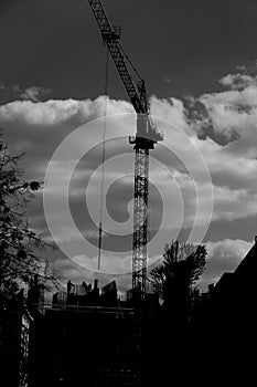 Against the background of trees and sky, a construction crane from a construction site is visible.