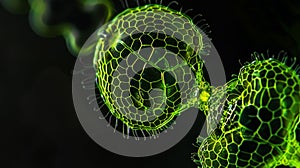 Against a black backdrop the delicate structures of two interconnected chloroplasts are highlighted in vibrant green photo