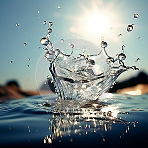 Against a contrasting backdrop of black and blue, water splashes suspended in midair, creating a captivating display of motion