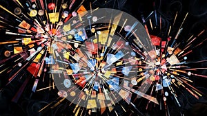 Against a dark background, the composition radiates from multiple