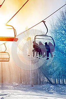 Against day of a ski lift during a snow blizzard