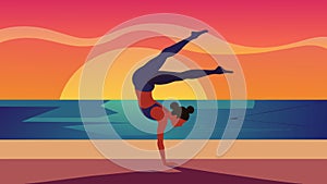 Against the picturesque backdrop of a beach sunset a solo gymnast astounds the crowd with a gravitydefying floor routine