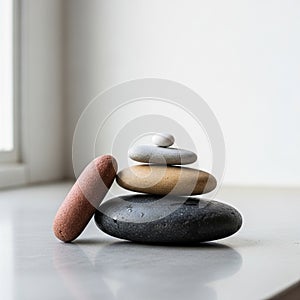 Against the stack. The background is plain and white, contributing