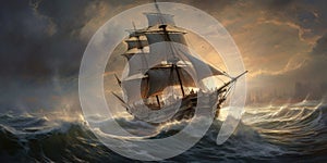 Against the Storm The Unwavering Spirit of Sailors. Sailing ship amidst stormy waters with big waves. Generative AI