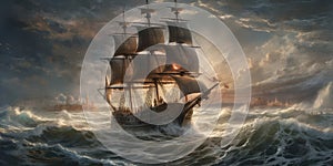 Against the Storm The Unwavering Spirit of Sailors. Sailing ship amidst stormy waters with big waves. Generative AI