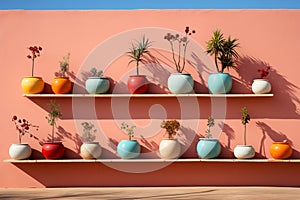 Against vivid sky, adobe wall showcases decorative pots in an orderly arrangement