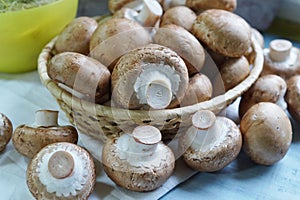Agaricus bisporus - Fresh raw mushroom champignon wicker baskett
