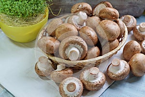 Agaricus bisporus - Fresh raw mushroom champignon wicker baskett