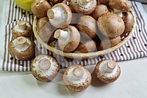 Agaricus bisporus - Fresh raw mushroom champignon wicker baskett