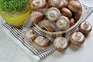 Agaricus bisporus - Fresh raw mushroom champignon wicker baskett