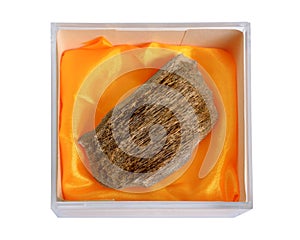 Agarwood, also called aloeswood oudh. in the plastic box. Isolated on white background