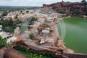 AGASTYATIRTHA LAKE, early morning light fallen on it, the view from the height of 2nd Badami cave, this lake is existence since 54