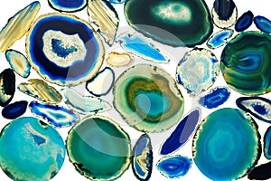 Agate Stone Pattern. Agates blue and green set isolated on white background.Agate slices background.Natural stones photo