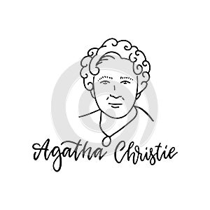 Agatha Christie linear sketch portrait isolated on white background for prints, greeting cards. English great writer