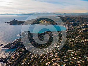 Agay Bay  AnthÃ©or  la Baumette  Cap Dramont and Saint Raphael scenic and panoramic Aerial view at sunset in the French Riviera  C