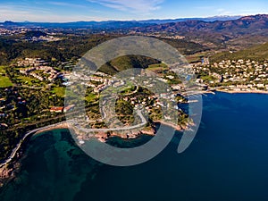 Agay scenic and panoramic Aerial view at the coastline and beaches at sunset in the French Riviera  CÃ´te d'Azur  France