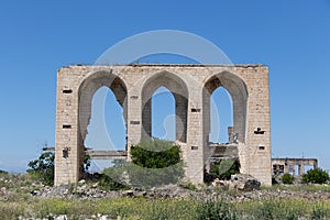 Agdam Theater building after the Karabakh war. Buildings destroyed during the war between Armenia and Azerbaijan