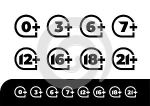 Age rating set icon 0, 3, 6, 7, 12, 16, 18, 21. Design vector illustration age limit for web and video games. Isolated on black