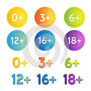 Age restriction icons set. Vector labels with years limit signs