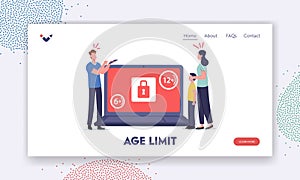 Age Restriction Notification Landing Page Template. Tiny Mother Cover Eyes of Son at Huge Laptop with Adult Content