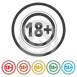 18+ age restriction sign, Vector eighteen icon, 6 Colors Included