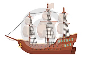 Age of sail galeon wooden sailing ship isolated on white design flat vector illustration