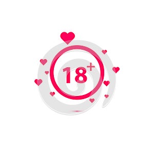 18 age warning stamp with hearts, Vector illustration. Flat design