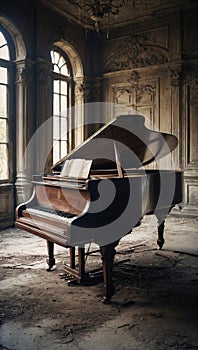 Aged antique grand piano in an old, rustic castle. Music history concept.