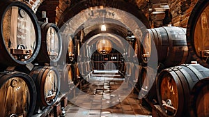 Aged Barrels in a Serene Wine Cellar - Symphony of Marsala. Concept Wine Cellar, Aged Barrels,