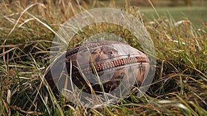 An aged baseball, adorned with tales of triumph and defeat, rests serenely in the lush green grass, capturing the