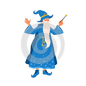 Aged bearded mage conjure with magic wand. Portrait of old magician practicing wizardry. Cute wise sorcerer in magical