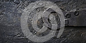 Aged blacksmith-forged iron background with uneven hammer marks and raw, rugged textures. The dark,