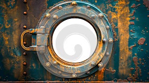 Aged Brass Ship Porthole Mounted on a Rusty Iron Hull with a White Background. Generative AI