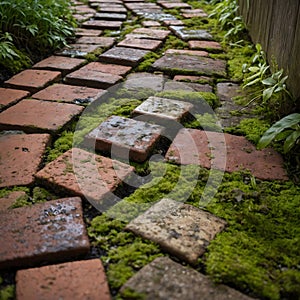 Aged Brick Pathway Featuring Moss, Dirt Stains, and Natural Color Variations photo