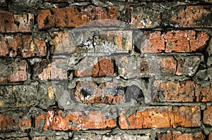 Aged brick wall background texture. Broken bricks.