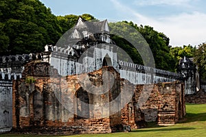 Aged brick wall of ruins in King Narai's Palace in Lopburi, Thailand