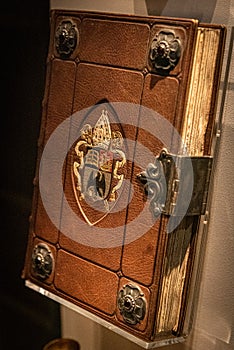 Aged brown leather book with embossed symbols of an eagle, a ship, a book and pope`s hat and lock