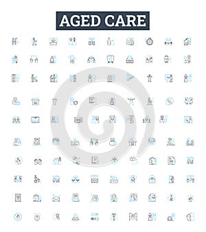 Aged care vector line icons set. Aging, Care, Elderly, Assisted, Supportive, Nursing, Retirement illustration outline