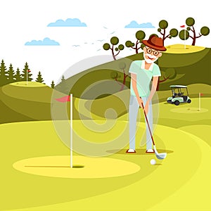 Aged Concentrated Man Shooting Golf Ball to Hole