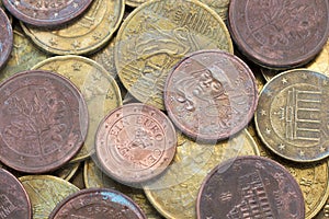 Aged copper euro coins. Money background
