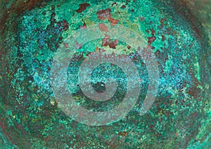 Aged copper plate texture with green patina stains. Old worn metal background