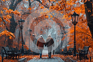 Aged couple enjoying an autumn walk in park