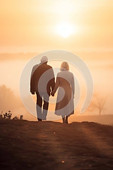 aged couple holding hands. loving couple. back view, rear view, full view.