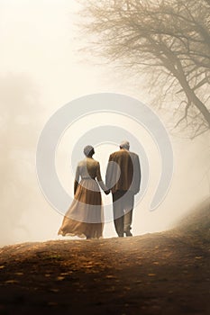 aged couple walking side by side in a sunny winter rural road. back view, rear view, full view.